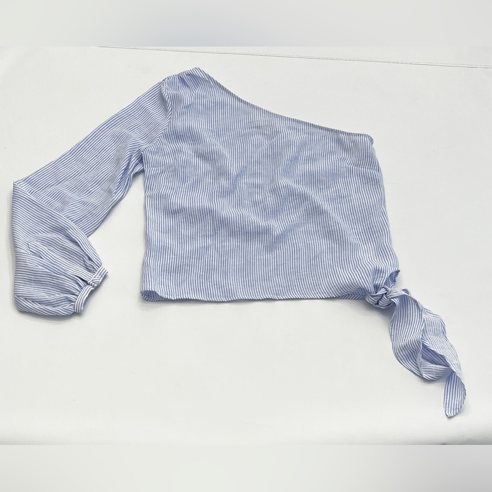L’ Academie romantic sleeve blue & white pinstripe shirt size S - Picture 2 of 16